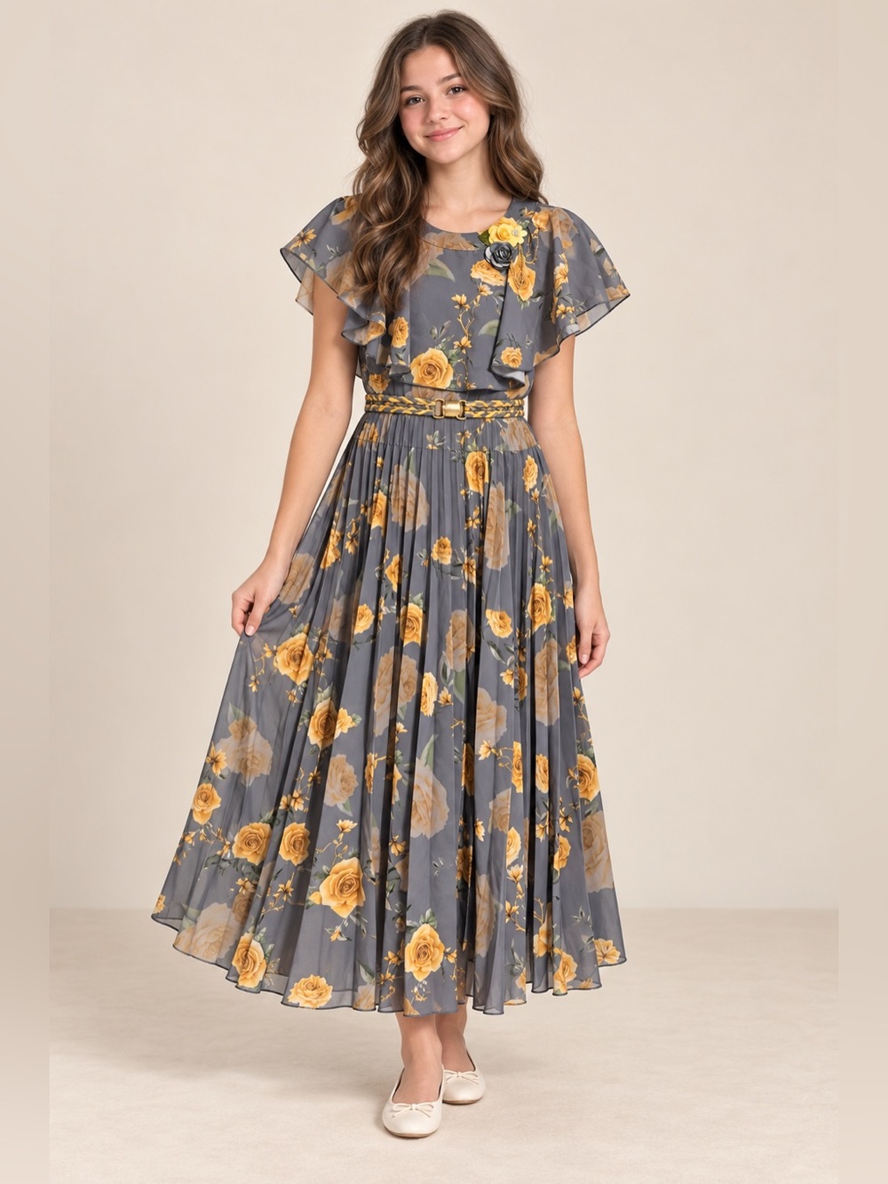 Zeelmil Art Girls Large Gray Gold Floral Cape Pleated Formal Dress NWT